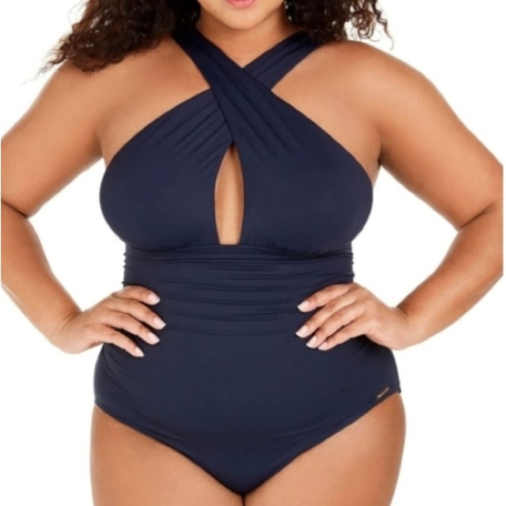 Michael Kors high cross neck shirred one piece swimsuit